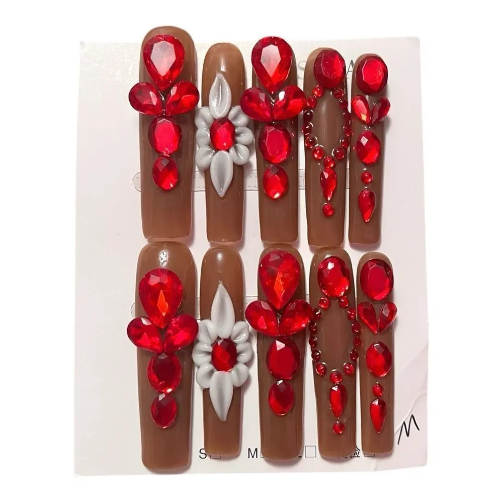 Handmade Dark Nude Red Gemstones Extra Long Press-On Nails Size M